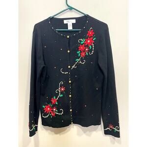 Vintage Christmas Black Cardigan Sweater Women Med Beaded Sequin Poinsettia